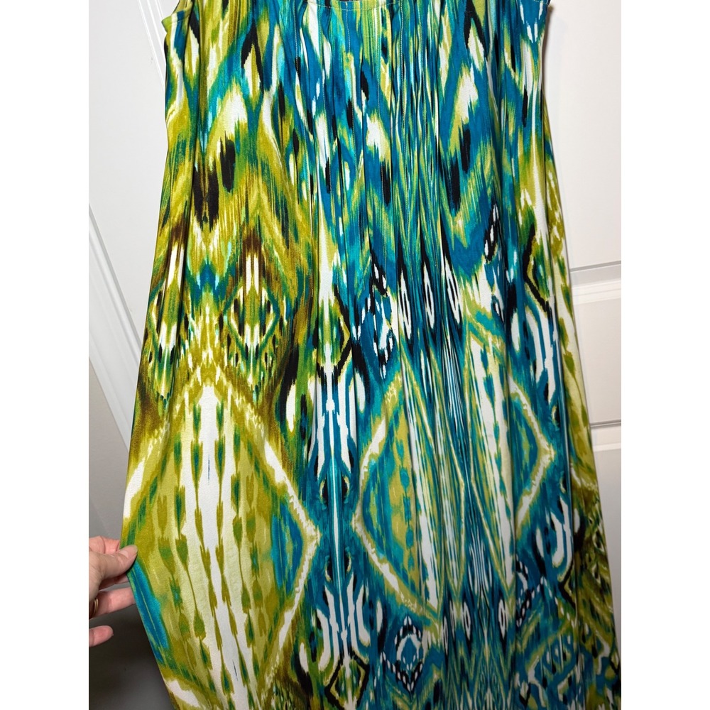 Glamour Women 16W Ikat Print Maxi Dress Teal Lime Green Sleeveless Scoop Neck - Picture 4 of 7